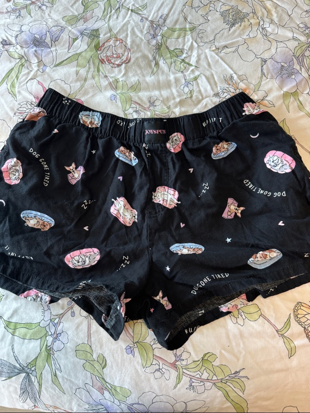 JOYSPUN Women's Black Puppy Print Sleep Shorts - Cute Pink & Blue Accents
